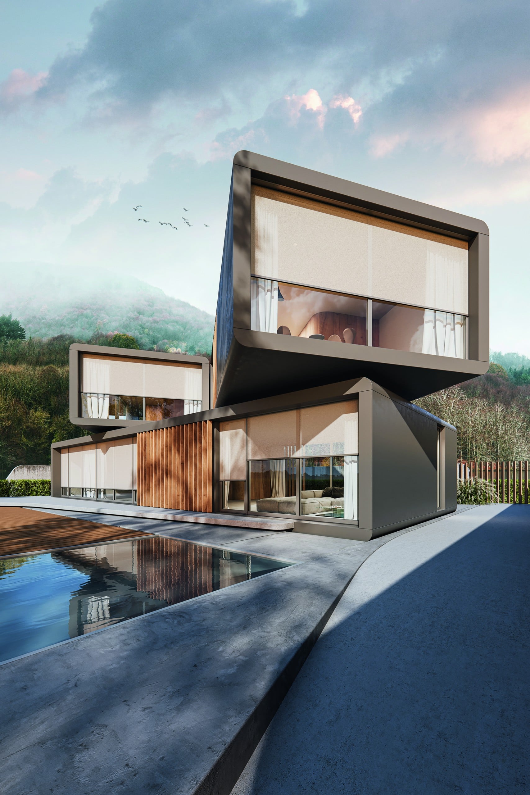 Visualisierung eines Wohnhauses mit Pool.