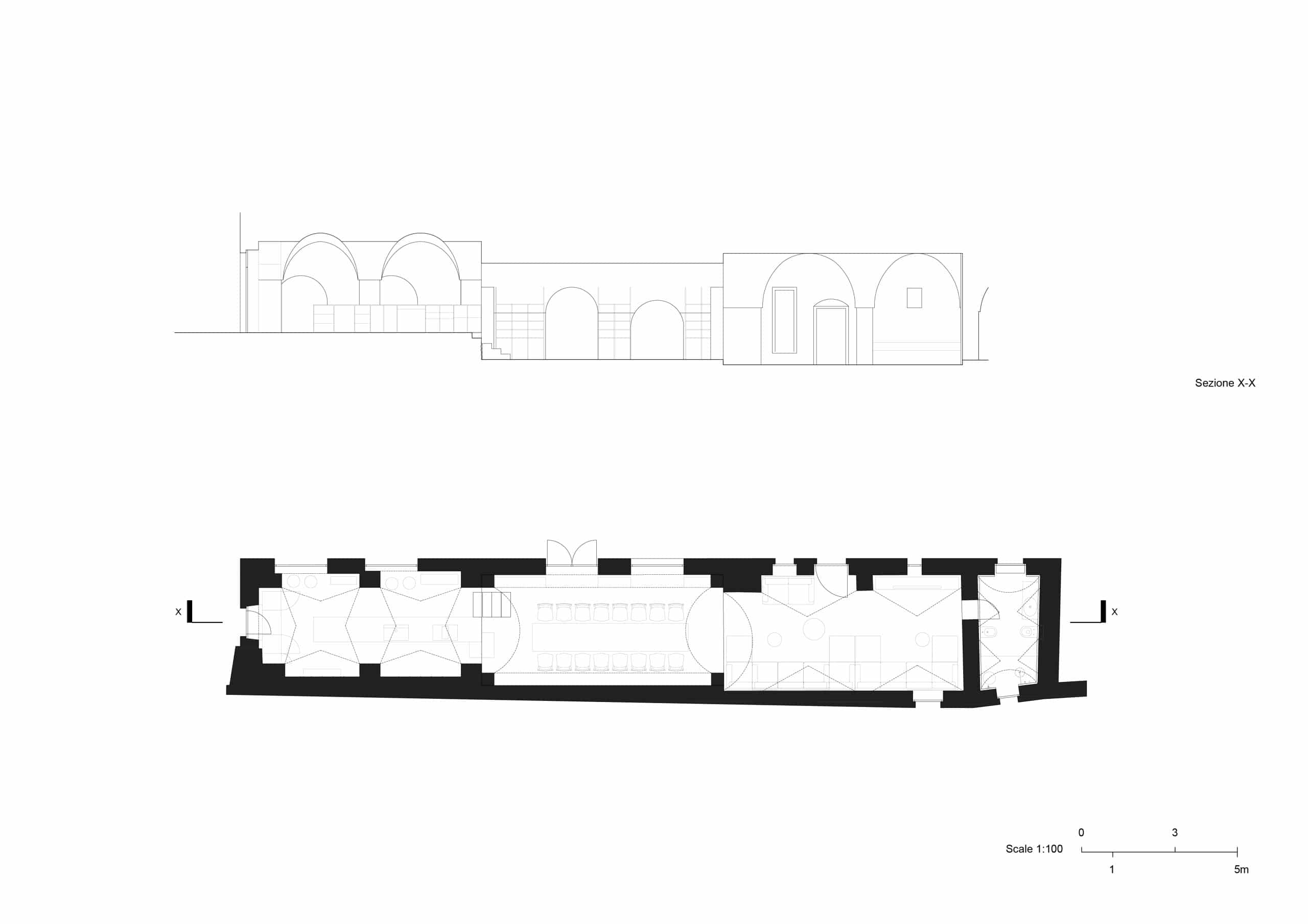 Schnitt und Grundriss, Masseria Belvedere, Carovigno, Zeichnung: Valari