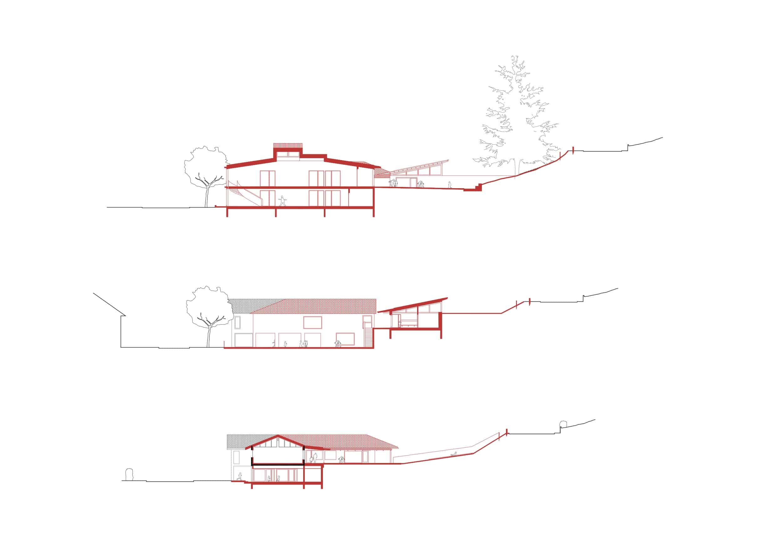 Drei Gebäudeschnitte übereinander, mit roten Linien. Zeichnung: PNG, Julien Boidto, Emilien Robin