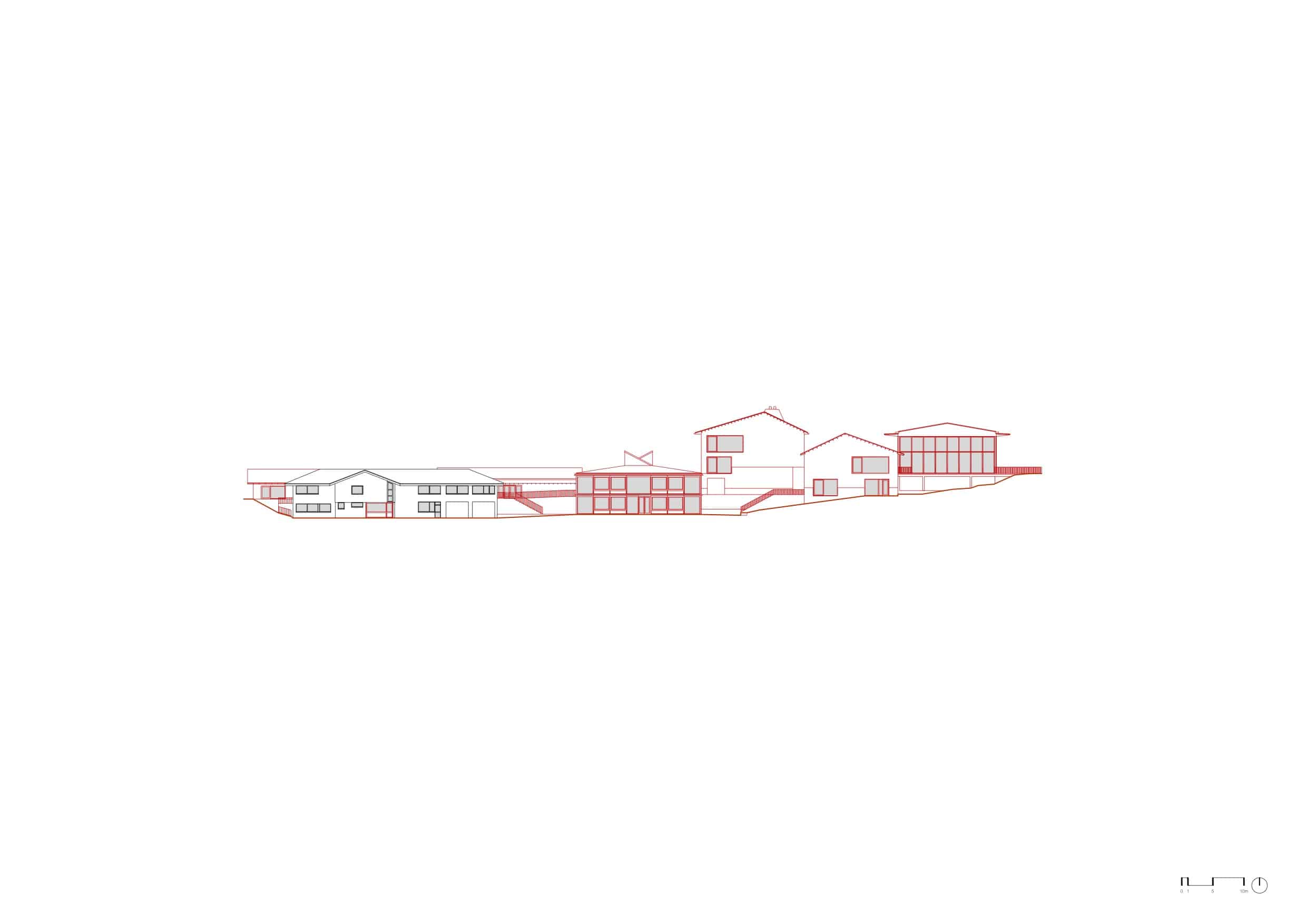 Aufriss eines Gebäudekomplexes mit roten Linien. Zeichnung: PNG, Julien Boidto, Emilien Robin