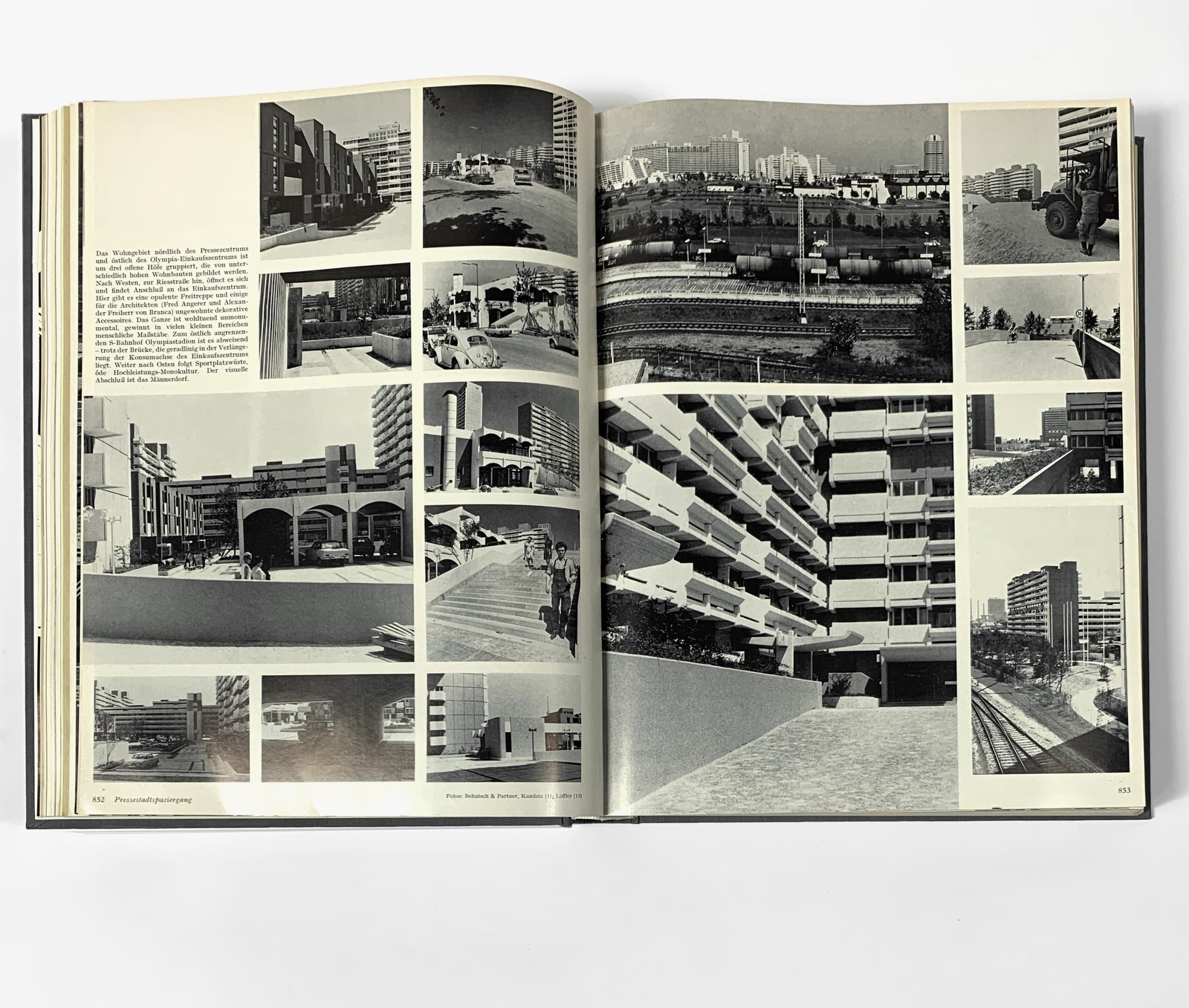 Zwei Seiten eines Magazins mit mehreren schwarz-weißen Fotografien zum Olympiagelände für die Olympischen Spiele 1972 in München. Aus Baumeister 8/1972, Seiten 852 und 853