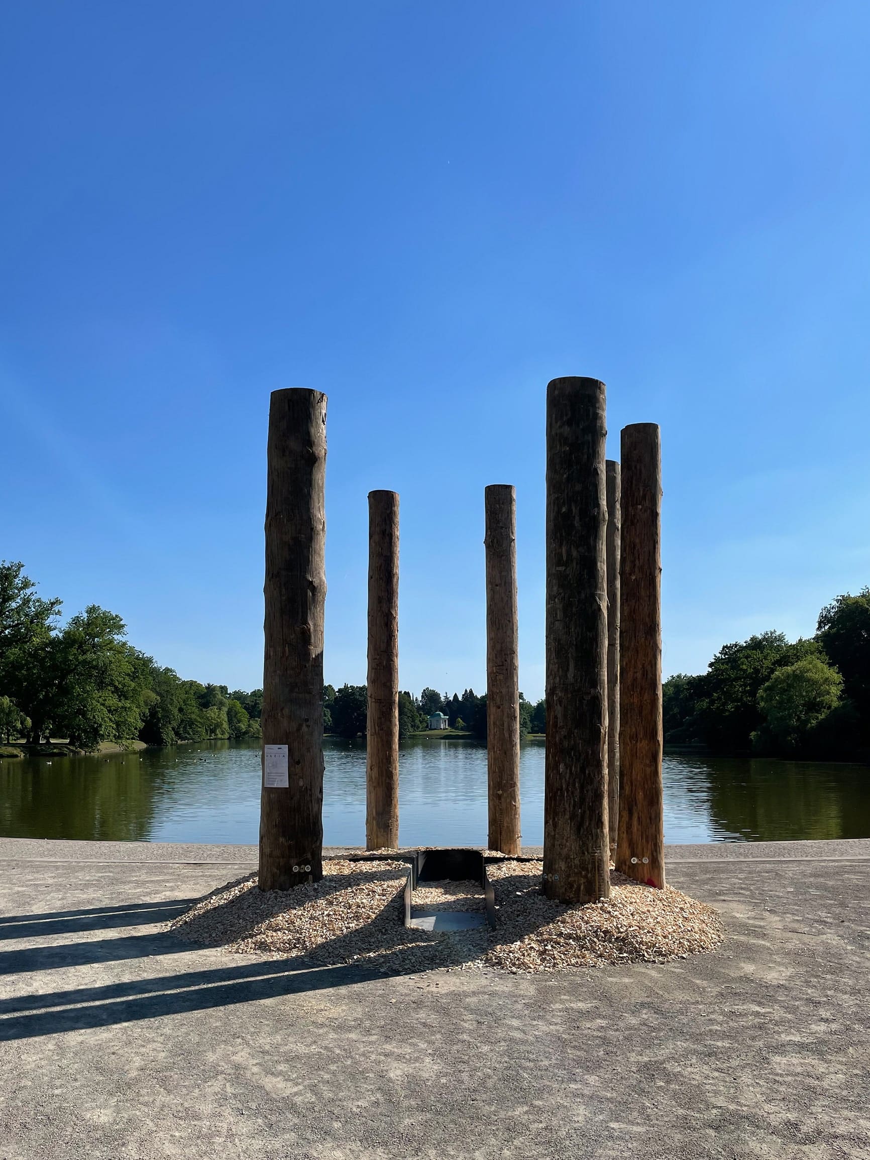 Blick auf einen Kreis aus mehreren Baumstämmen vor einem See. Documenta fifteen, Reflecting Point 5 Karlsaue Aueteich: Maria, Foto: Christoph Hesse