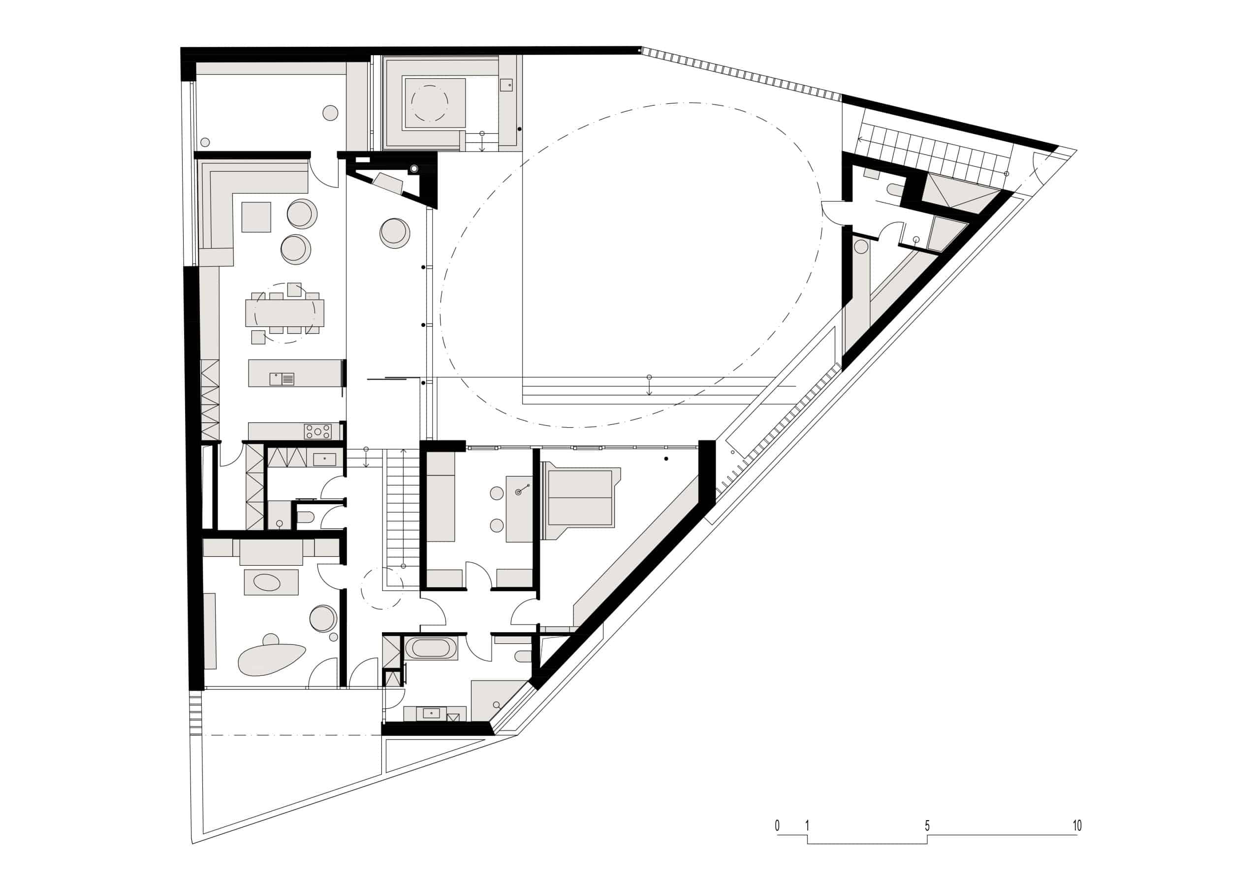 Grundriss vom Erdgeschoss der Villa, schwarz-weiß