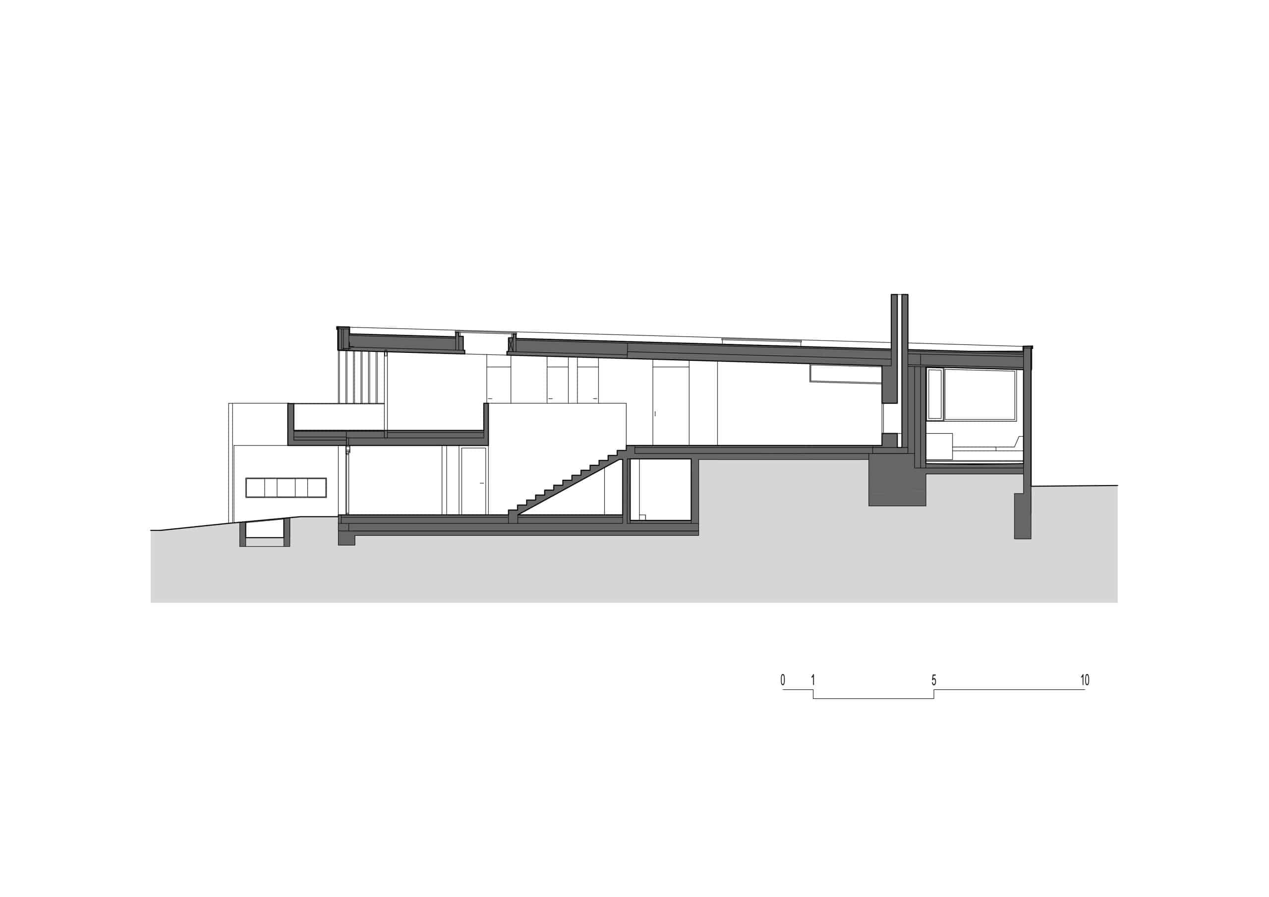 Querschnitt Plan von einer Seite der Villa, schwarz-weiß
