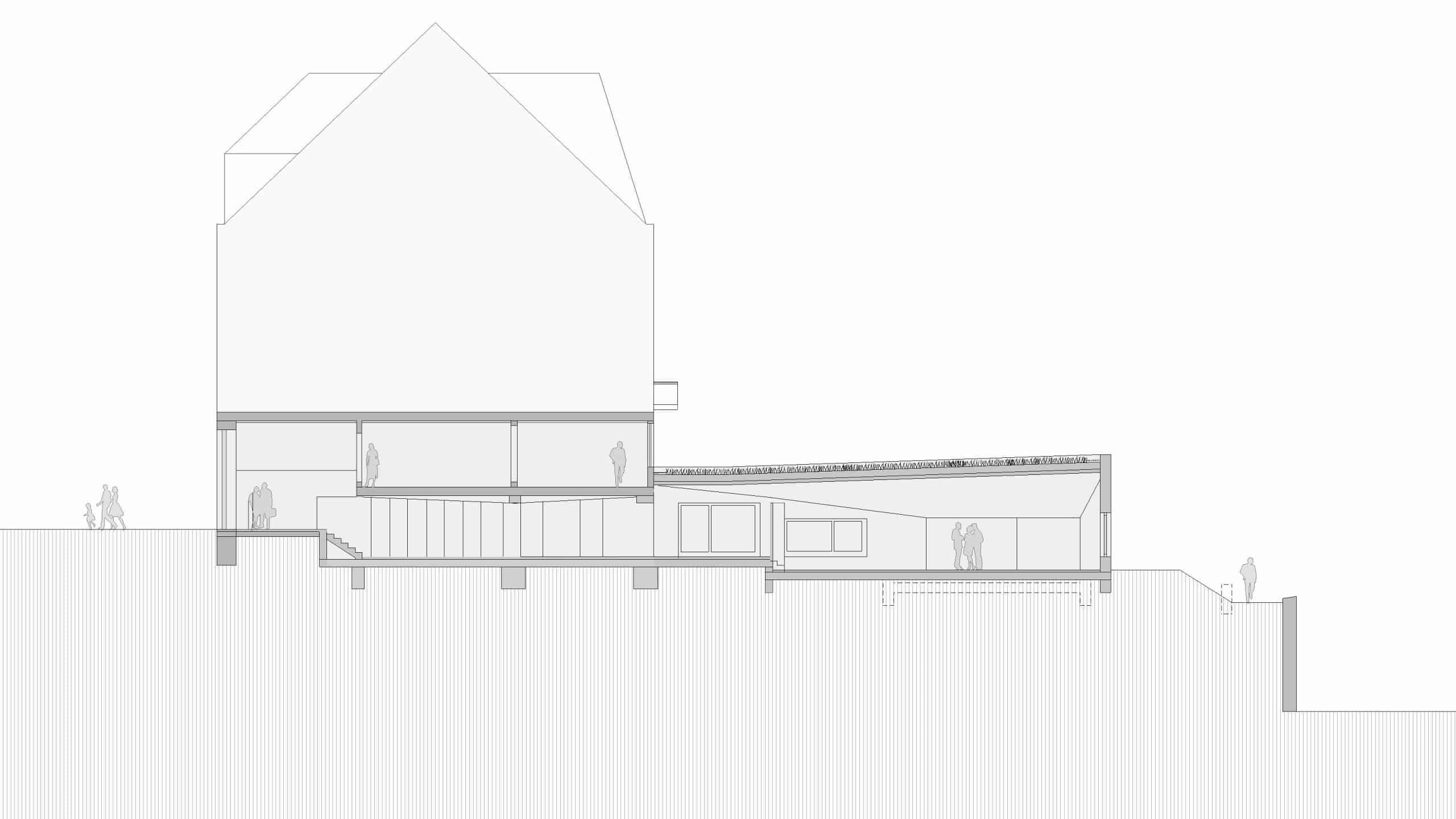Querschnitt des Wohn-und Geschäftshauses von Dannien Roller Architekten + Partner in Tübingen.