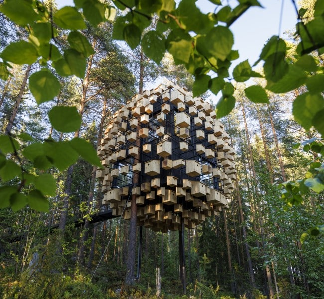 In Schweden dient ein Baumhaus als ganz besonderes Hotelzimmer: das Biosphere Treehouse. Es ist umgeben von 350 Vogelhäusern. Foto: Bjarke Ingels Group - BIG