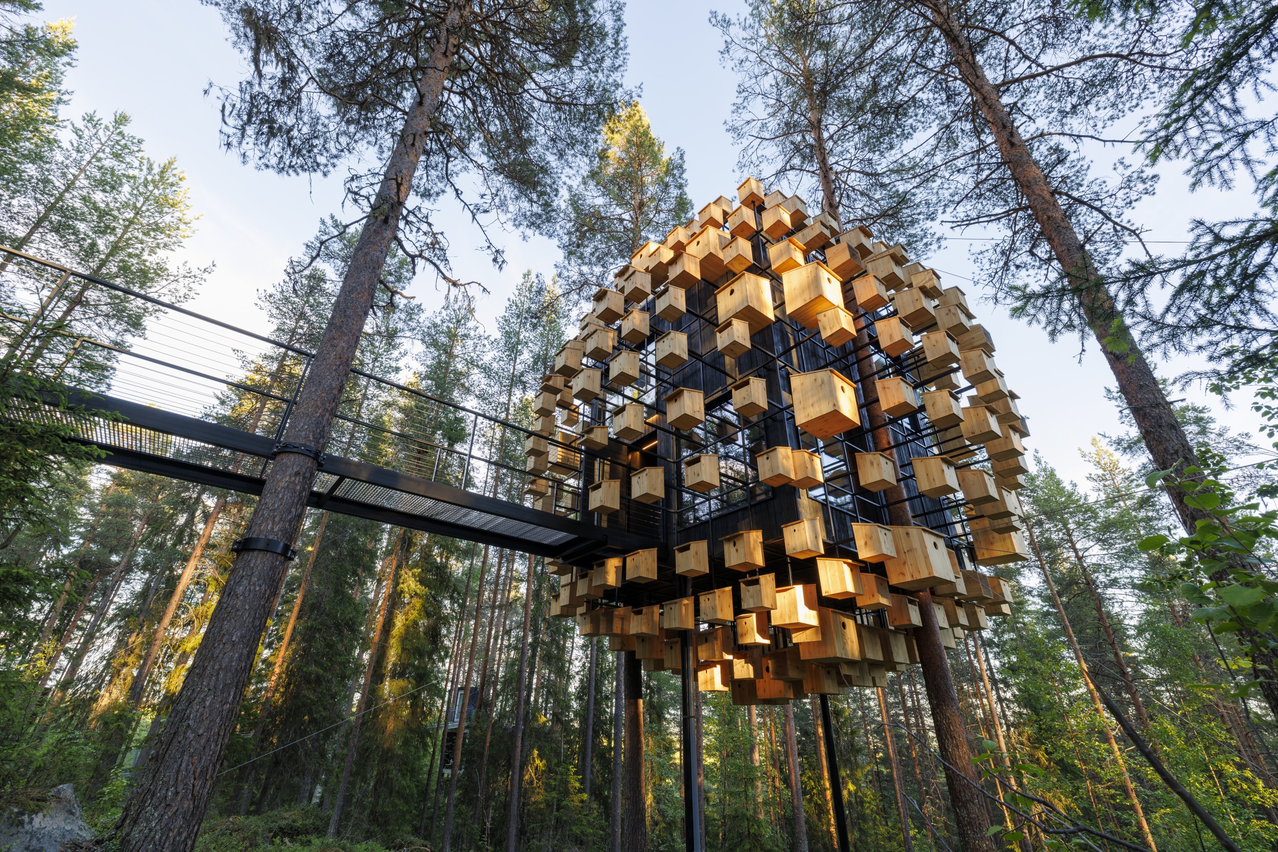 In Schweden dient ein Baumhaus als ganz besonderes Hotelzimmer: das Biosphere Treehouse. Es ist umgeben von 350 Vogelhäusern. Foto: Barke Ingels Group - BIG