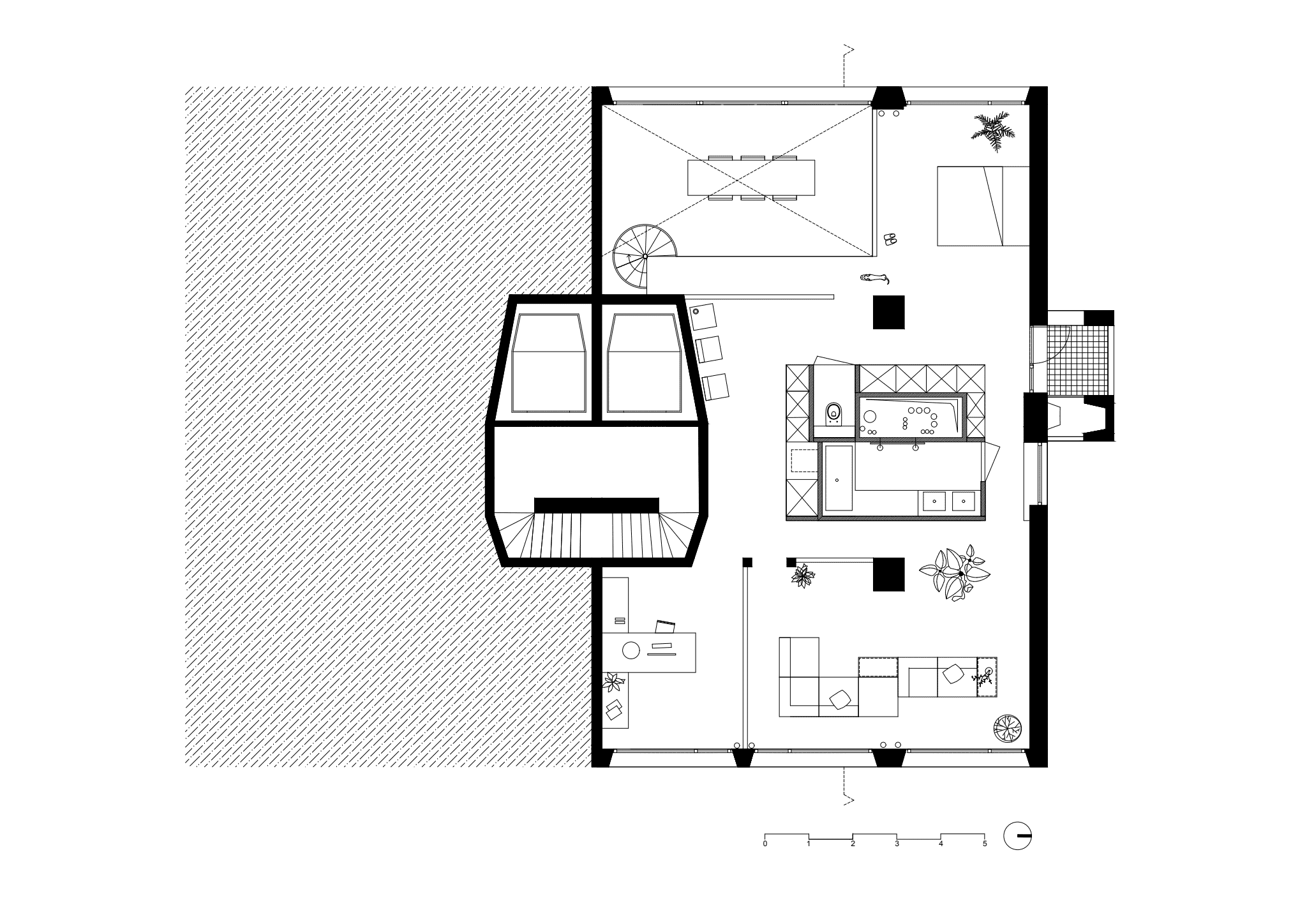 Im Betonturm "Riverside Tower" in Antwerpen hat sich Bram Van Cauter vom Studio Okami eine Maisonette-Wohnung ausgebaut. Plan: Studio Okami