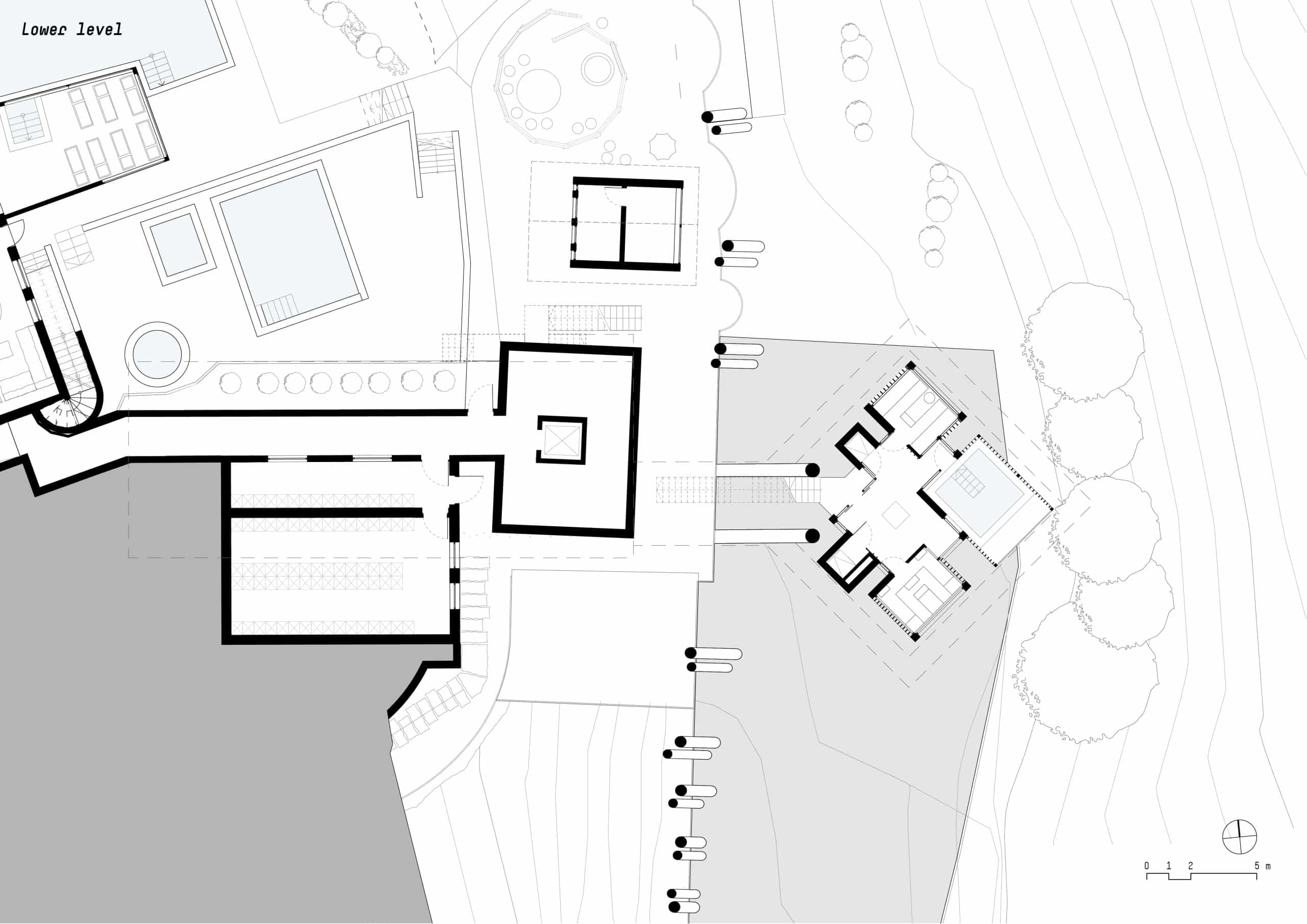 noa* network of architecture, Hub of Huts, Hotel Hubertus Olang, Grundriss unteres Geschoss, Zeichnung: ©noa* network of architecture