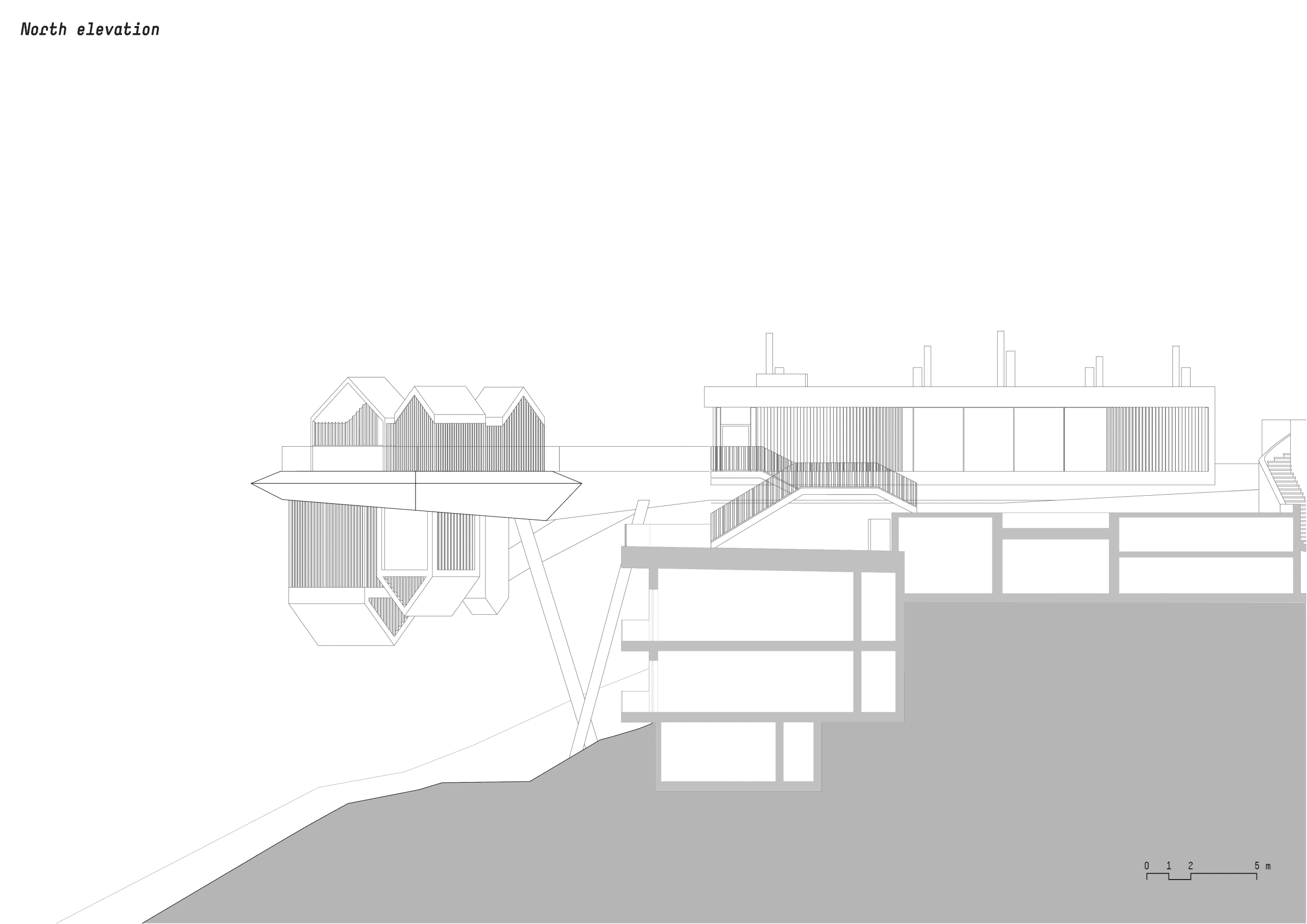 noa* network of architecture, Hub of Huts, Hotel Hubertus Olang, Aufriss Nordfassade, Zeichnung: ©noa* network of architecture