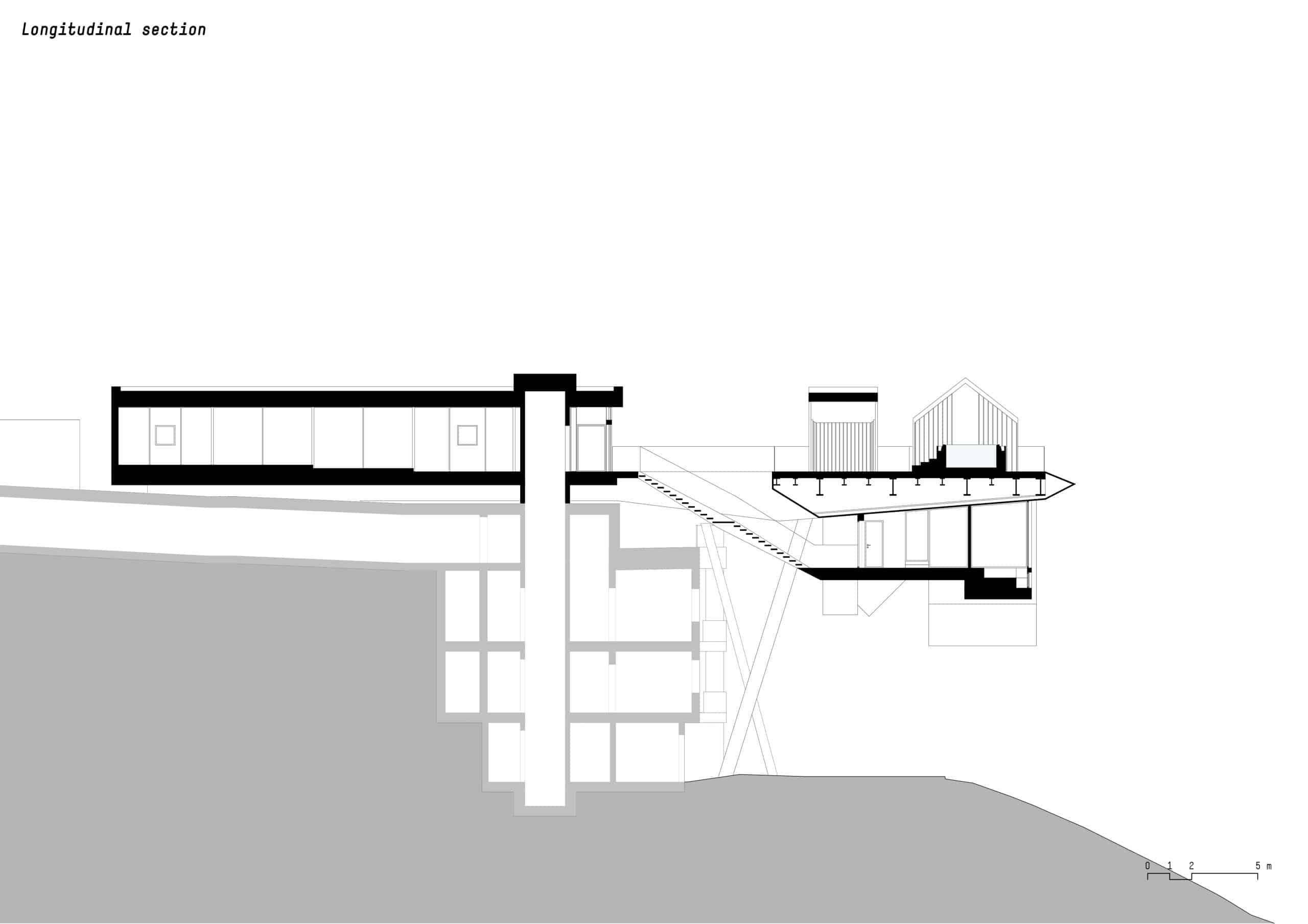 noa* network of architecture, Hub of Huts, Hotel Hubertus Olang, Längsschnitt, Zeichnung: ©noa* network of architecture