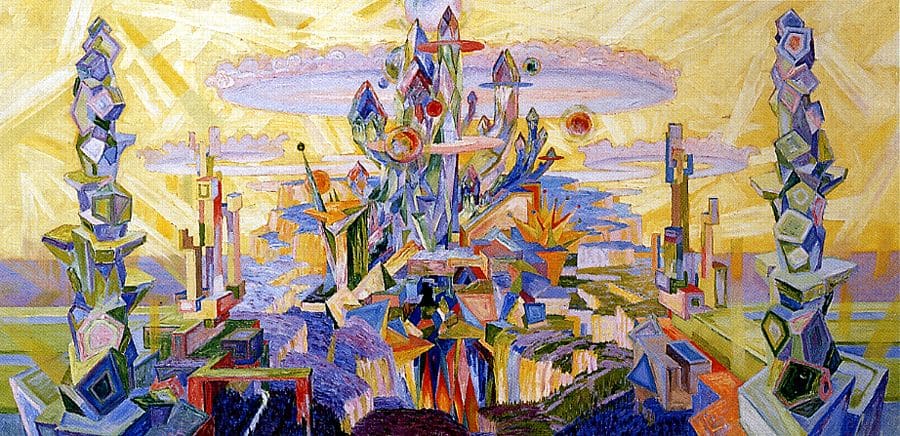 Malerei und Expressionismus: Wenzel Hablik, Cycle's Utopian Architectures, Airplane Towers, Silos, Artist Apartments, 1921, oil on canvas, 94 x 189.5 cm, Foto: Wikimedia.
