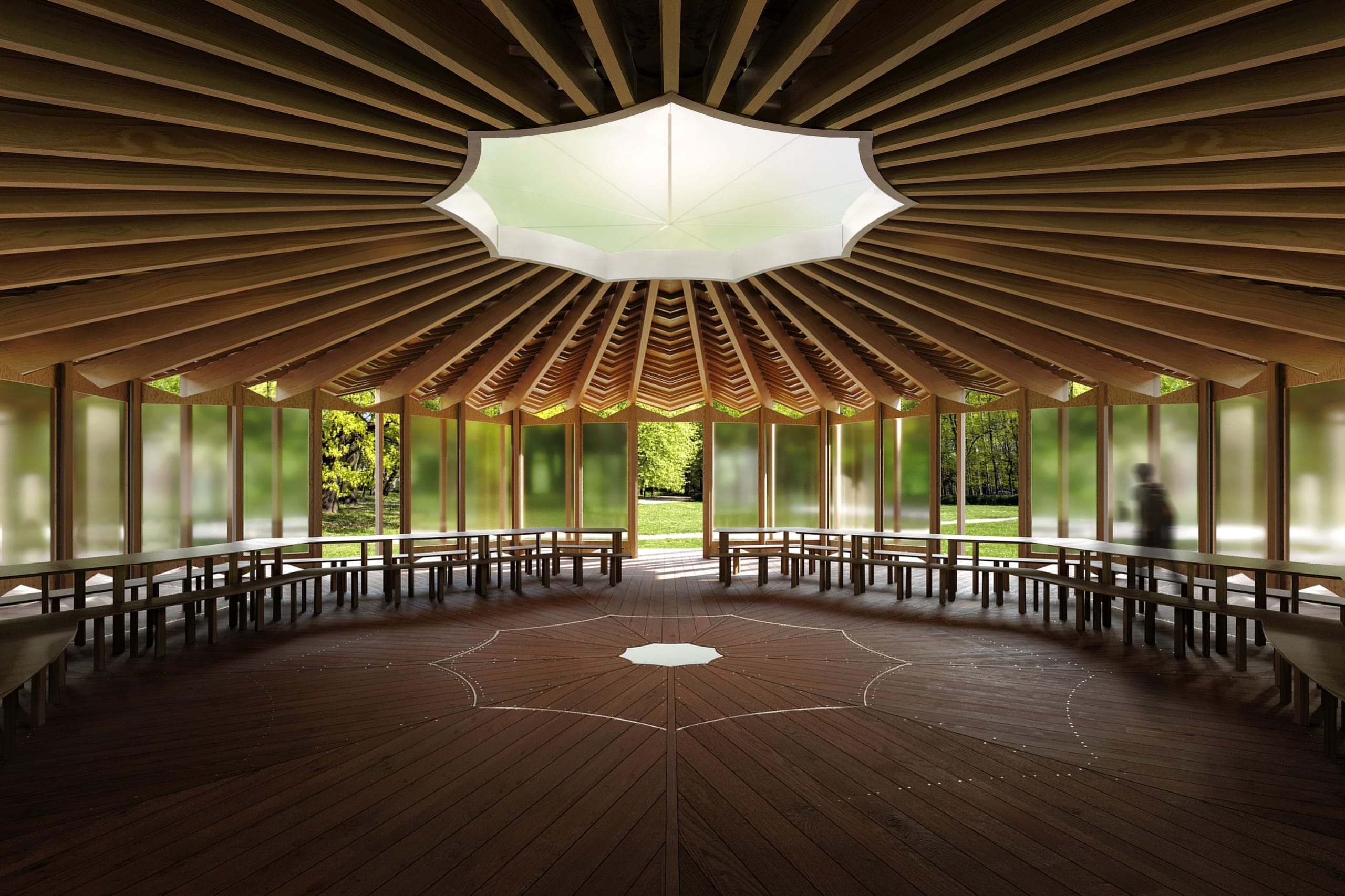Der Serpentine Pavillon 2023 in London geht an Lina Ghotmeh. Mittelpunkt des Entwurf „À table“ sind Gemeinschaft, Natur und Baumkronen. Visualisierung: © Lina Ghotmeh —Architecture Courtesy: Serpentine