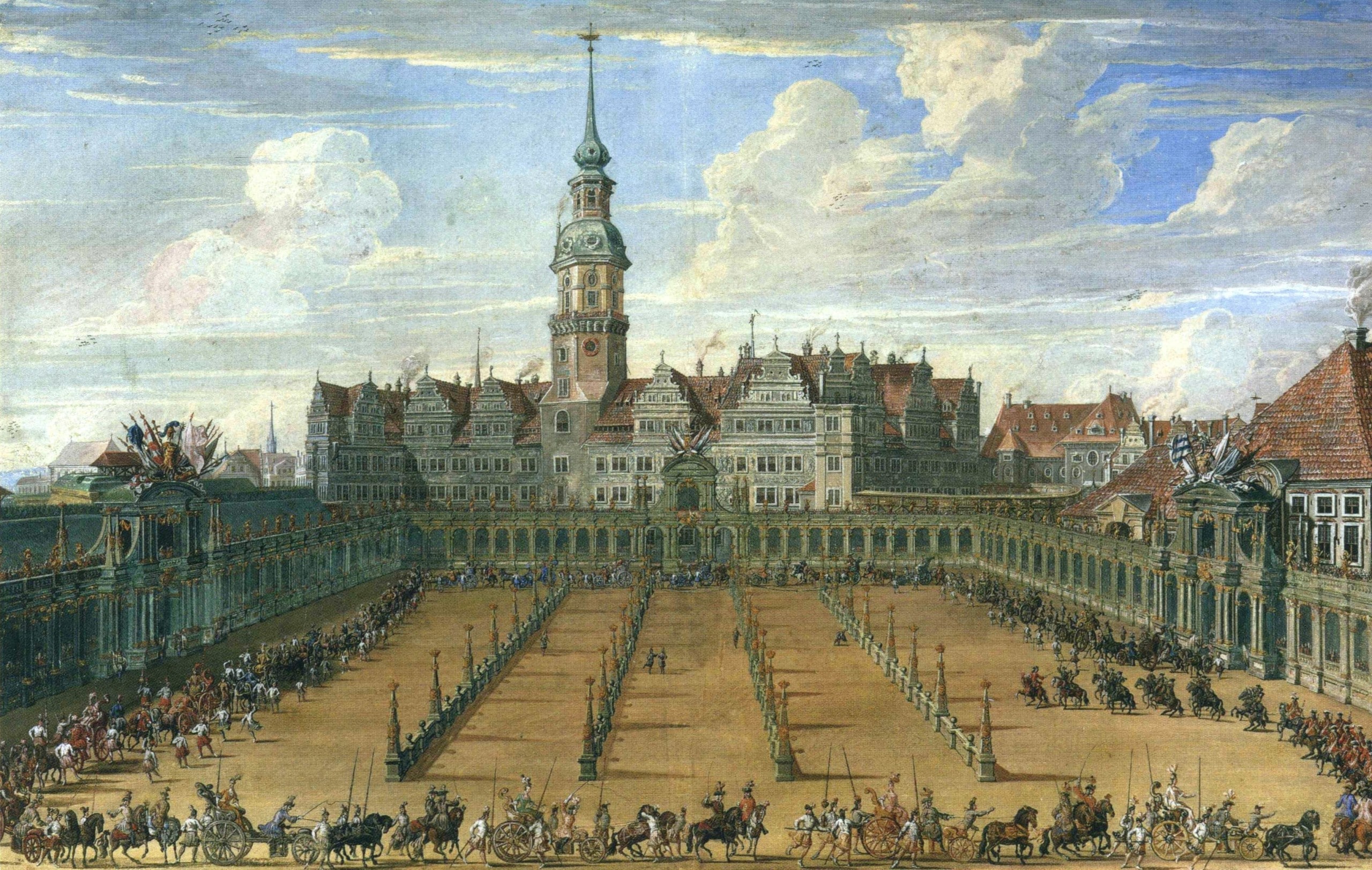 Zeichnung eines Ringrennens von 1709 im hölzernen Vorgängerbau des heutigen Zwingers, Foto: Wikimedia commons
