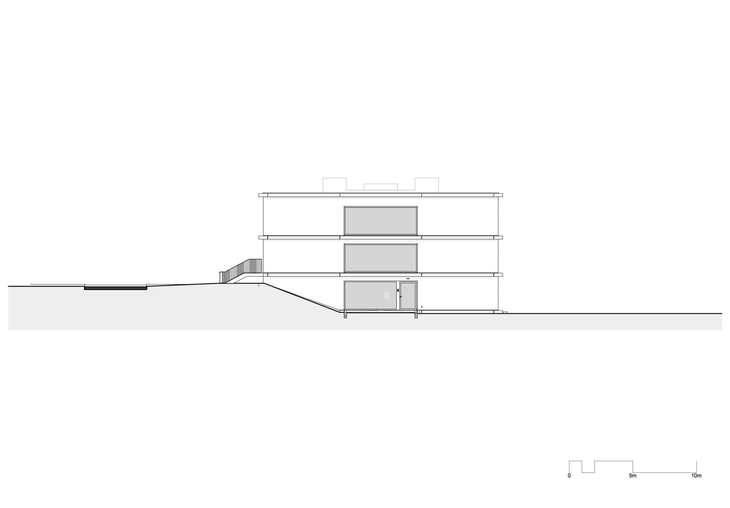 Der Bau am Hang erzeugt die Optik eines Gebäudesockels am Bau von Atelier Kempe Thill. Grafik: © Atelier Kempe Thill