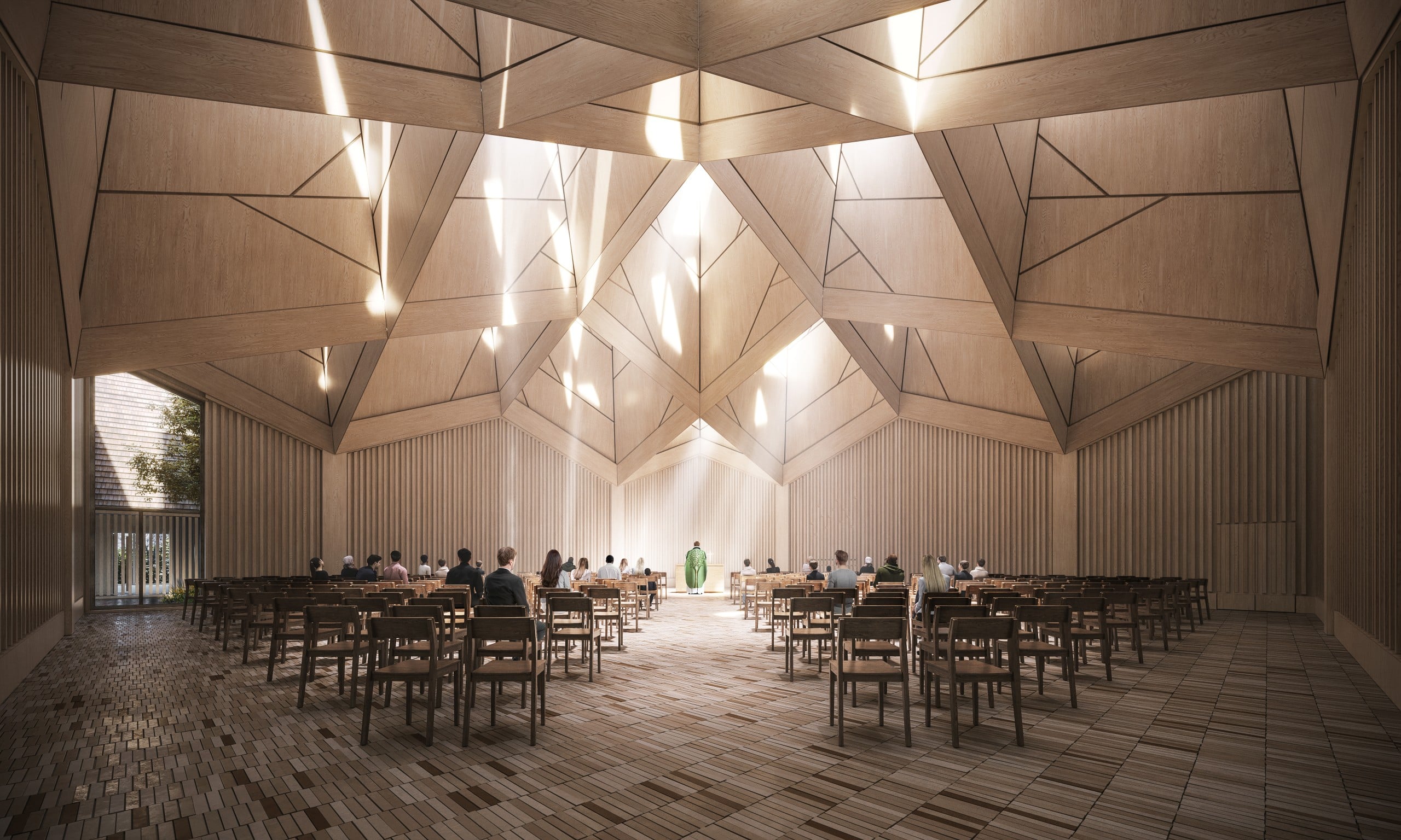Der Gottesdienst- und Versammlungsraum der Ørestad-Kirche wird zur Lichtung unter Bäumen. Visualisierung: Vivid Vision 2022
