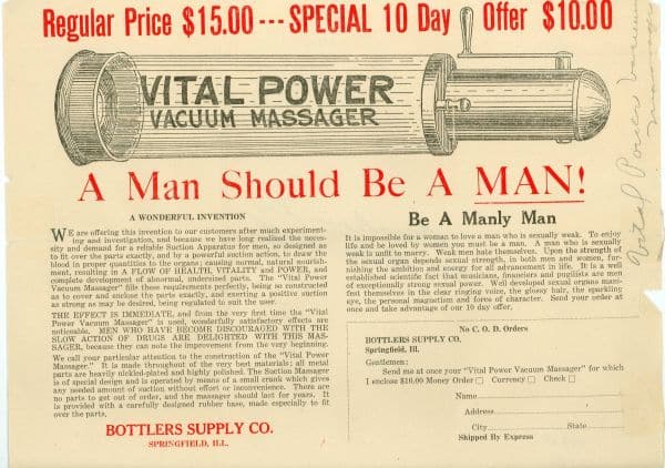 Flier; Vital Power Vacuum Massager, c. 1920s. Paper. Museum of Sex Collection.