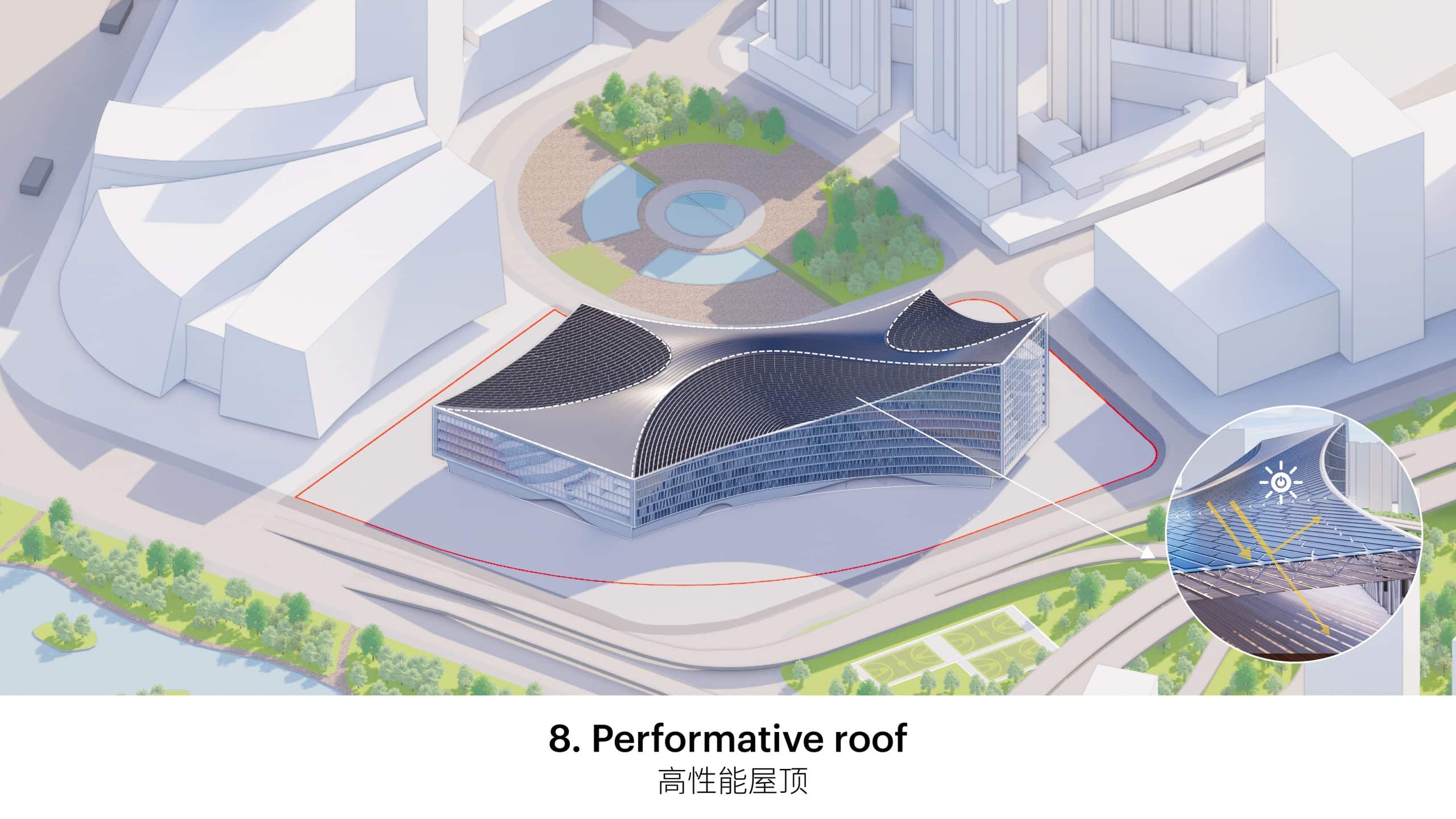 Das Drei-Fenster-Konzept sowie die Form des Daches der Wuhan Library sind vielseitig vorteilhaft. Grafiken: © MVRDV
