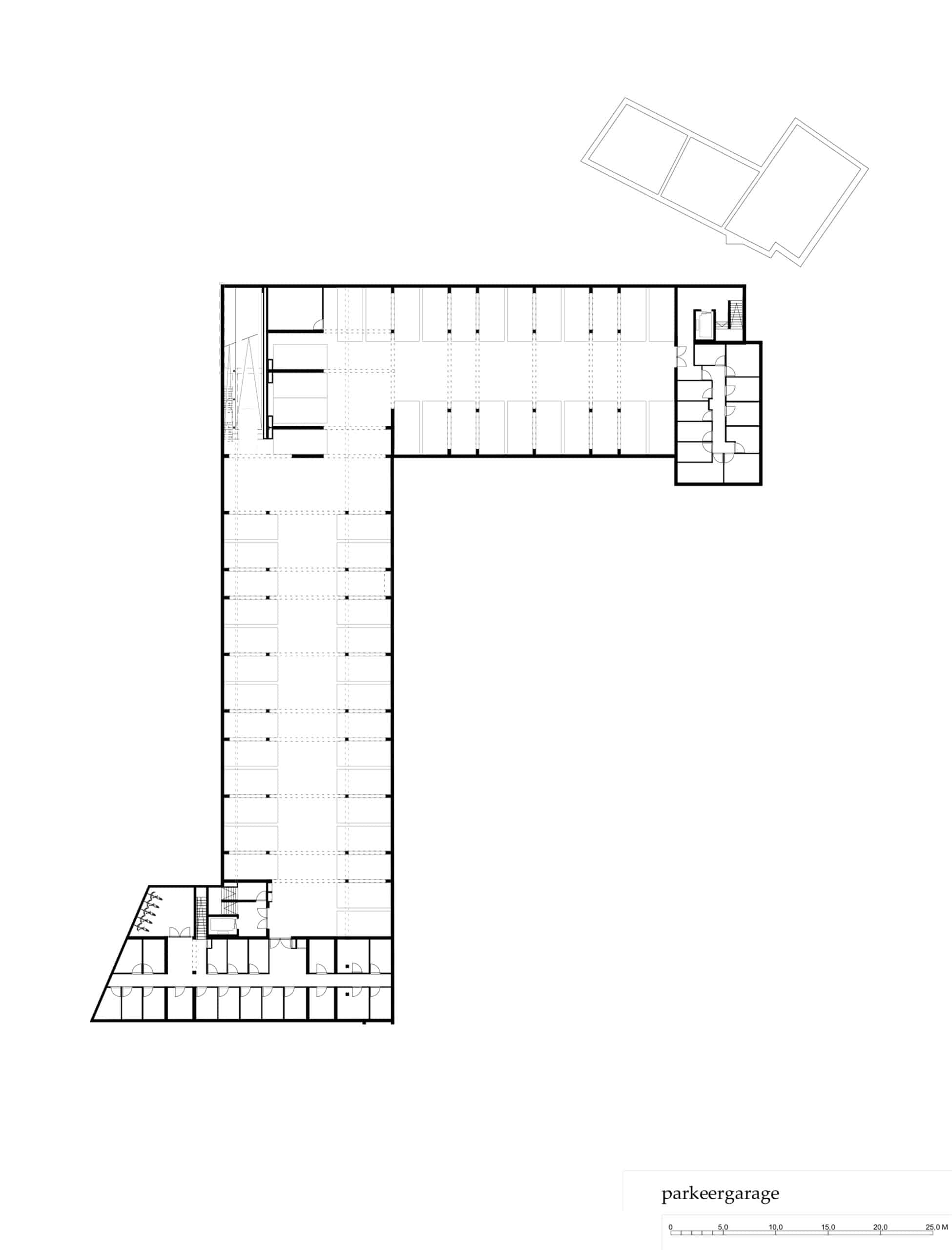 Ein Grundriss der Tiefgarage. Grafiken: © Martens Willems & Humblé Architects