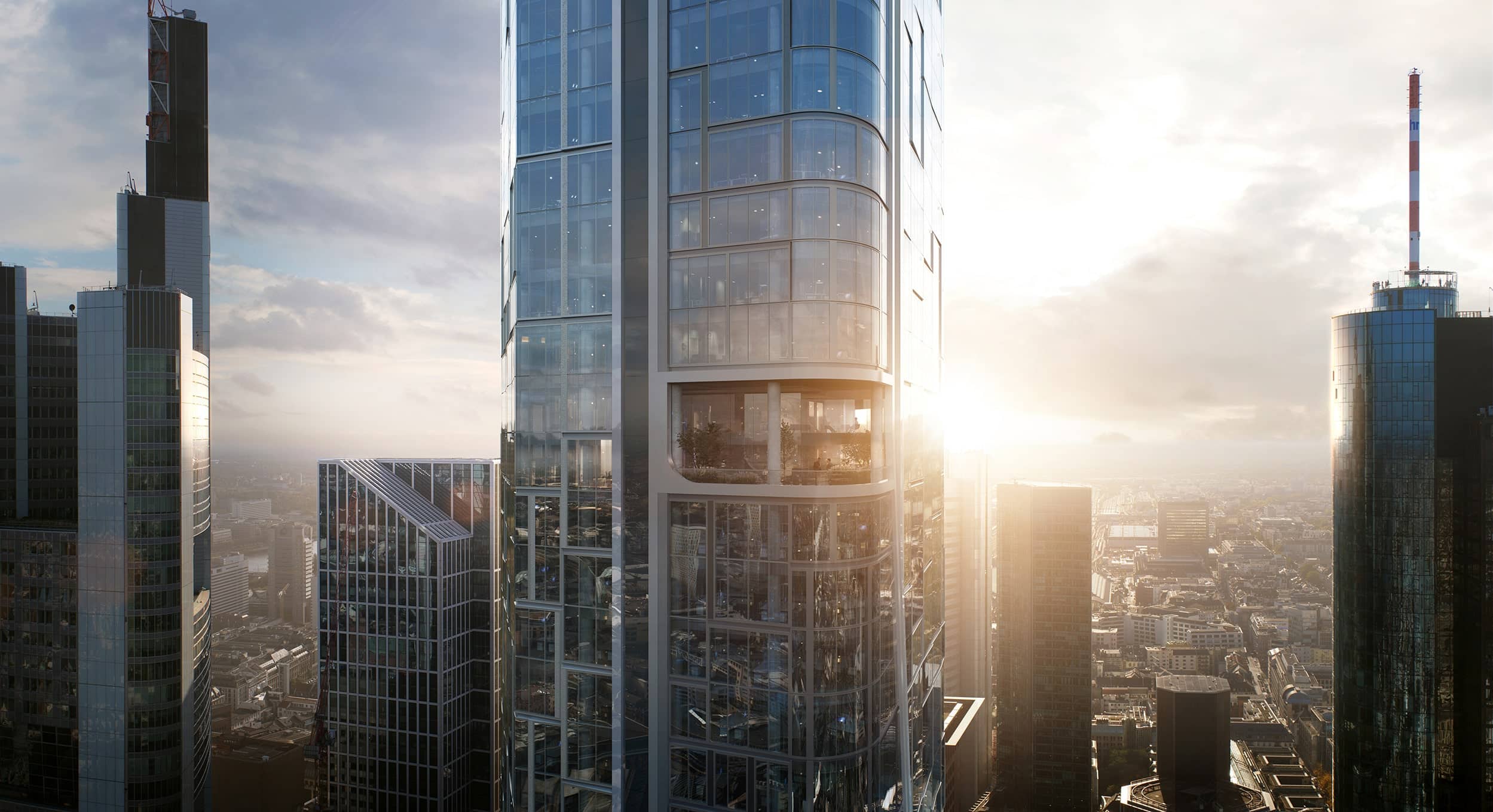 Aktuell entsteht in Frankfurt der Gebäudekomplex FOUR von UNStudio. Die vier Hochhäuser werden 228 Meter, 173 Meter, 120 Meter und 100 Meter hoch sein. Rendering: © UNStudio
