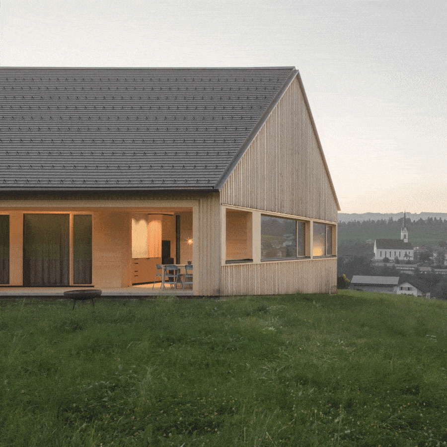 Mitten auf einer grünen Wiese steht das Haus Buchen von Bernardo Bader Architekten. Fotos: Gustav Willeit
