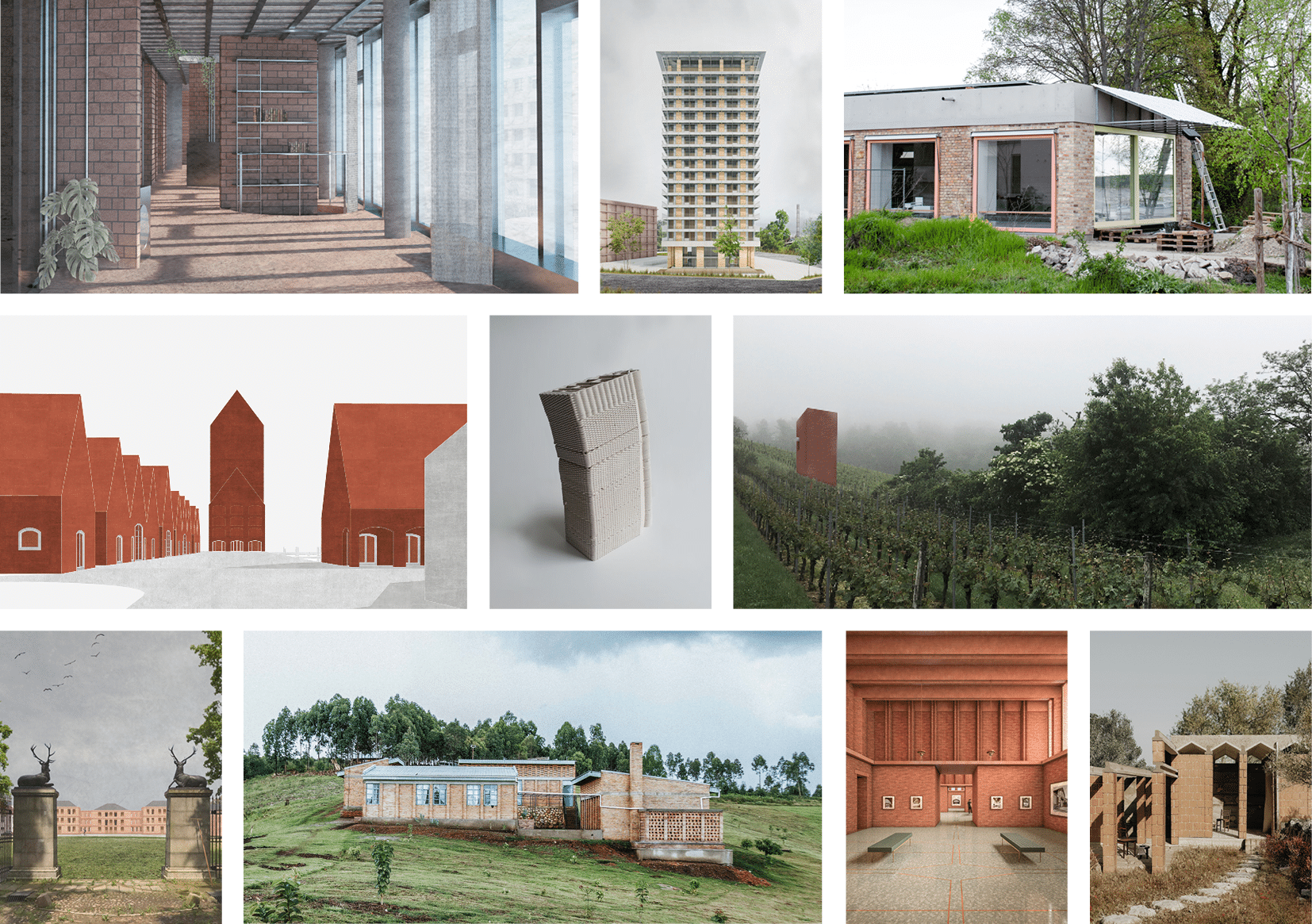 Die Projekte der Shortlist Newcomer Award des Erich Mendelsohn Preis 2023 für Backstein-Architektur. © Einreichungen im Rahmen des Erich-Mendelsohn-Preises für Backstein-Architektur