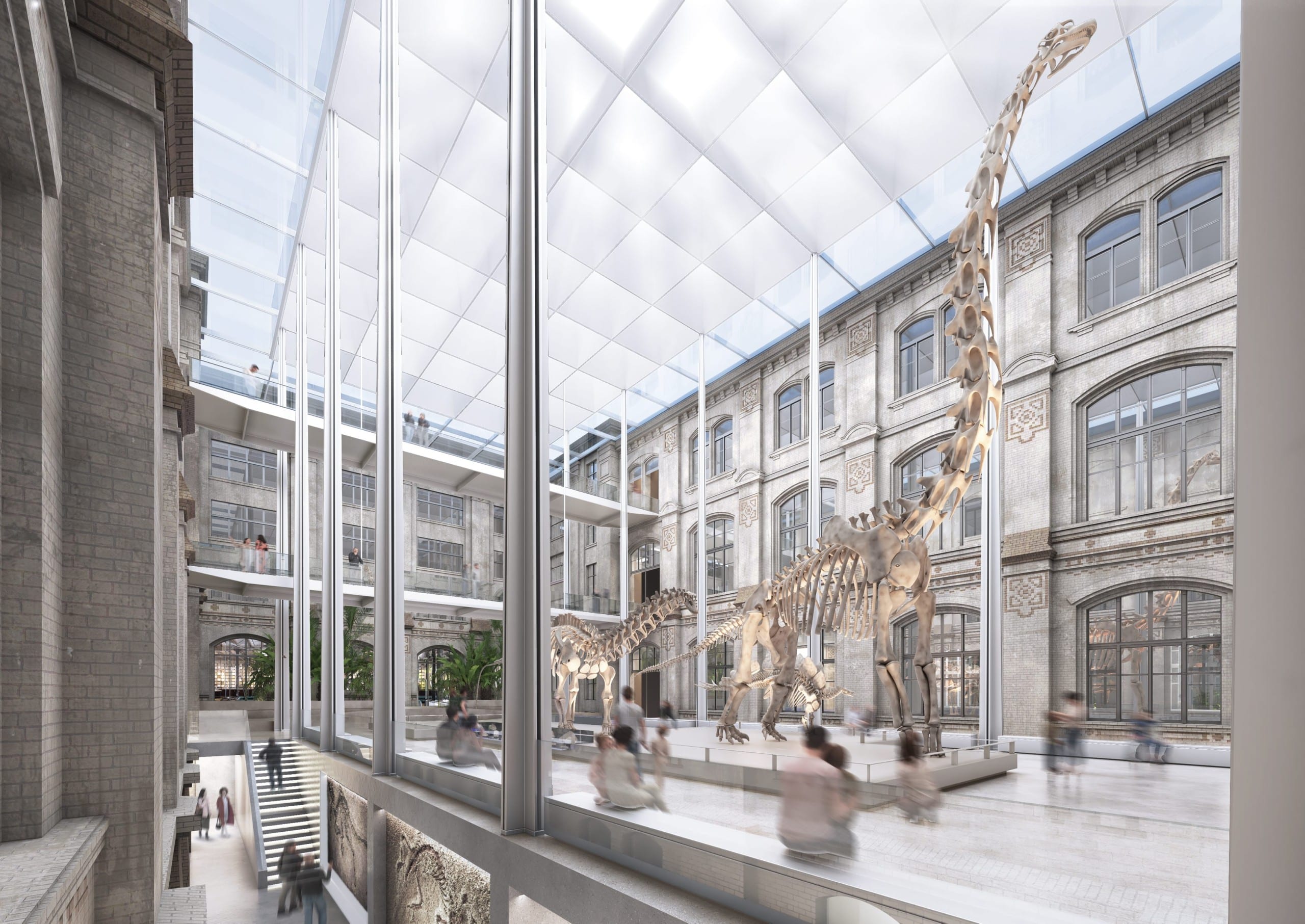 Im Entwurf von gmp wird der „Sauriersaal“ nach dem Umbau zur „Welcome Zone“, von der die Besucher aus das Museum weiter erkunden können. Bild: gmp Architekten
