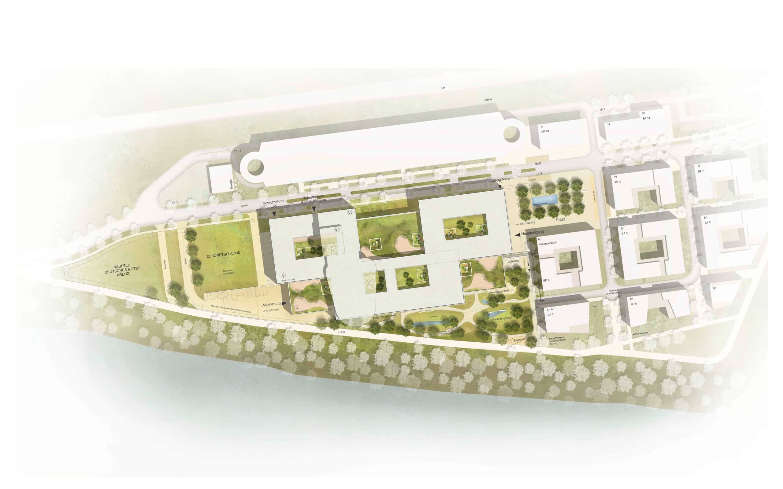 Der Grundstücksflächenplan für das Zentralklinikum Hochrhein zeigt, wie der Gebäudekomplex einer Stadt ähnelt. Copyright: ATP architekten ingenieure | Baumschlager Eberle Architekten (Hinweis: Es handelt sich lediglich um eine Simulation zur besseren Veranschaulichung und nicht um einen finalen Entwurf.)