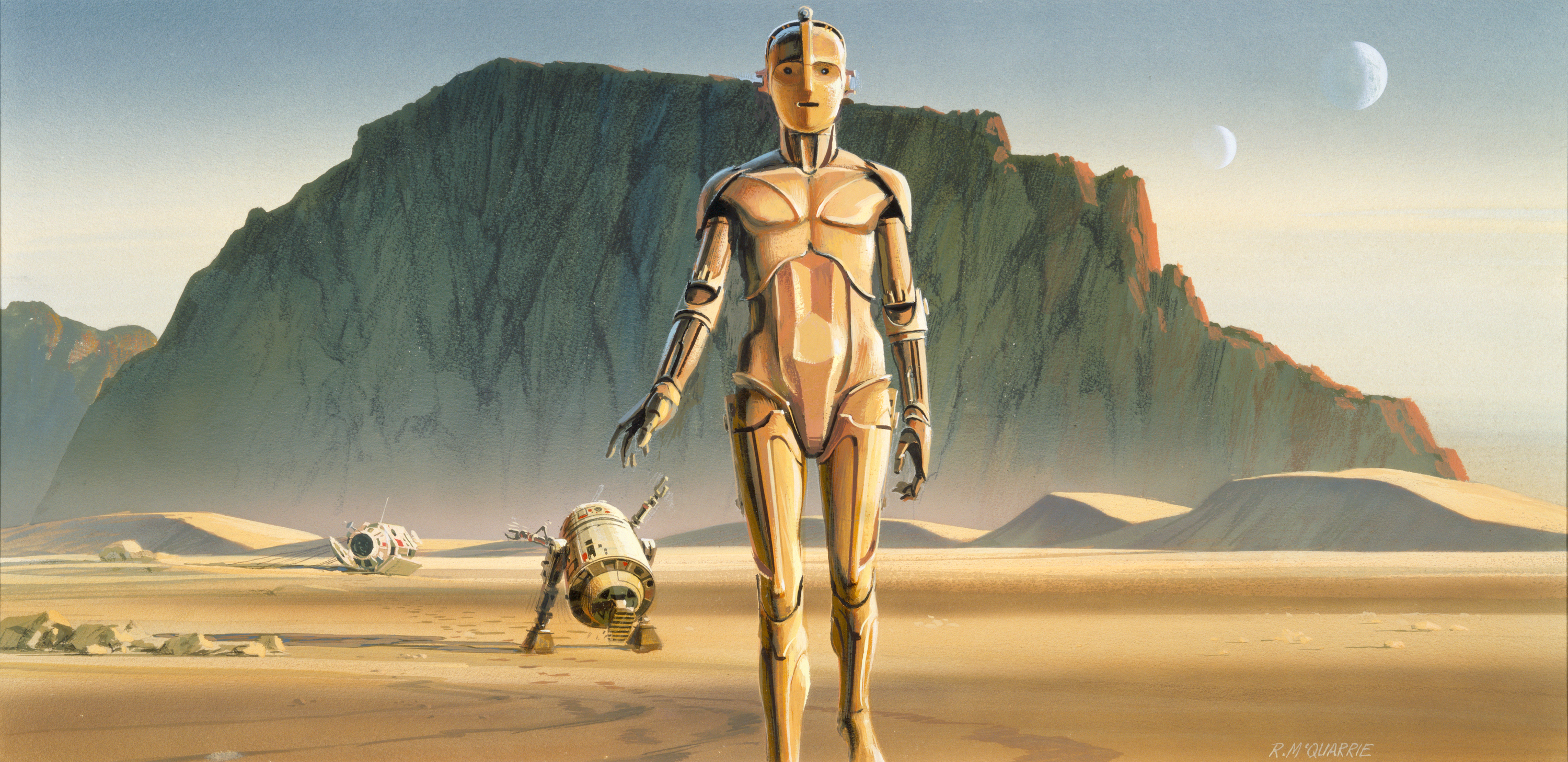 Ralph McQuarrie, production painting for Star Wars Episode IV: A New Hope (Artoo and Threepio leave the pod in the desert), January 31, 1975, Lucas Museum of Narrative Art, Los Angeles, © and TM Lucasfilm Ltd. 2020 All Rights Reserved. Used with permission.