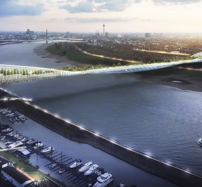 Der Initiativentwurf für eine Green Bridge über den Düsseldorfer Rhein ist vielversprechend. Coypright: Copyright Entwurf: RKW Architektur +, Visualisierung: Formtool, Anton Kolev