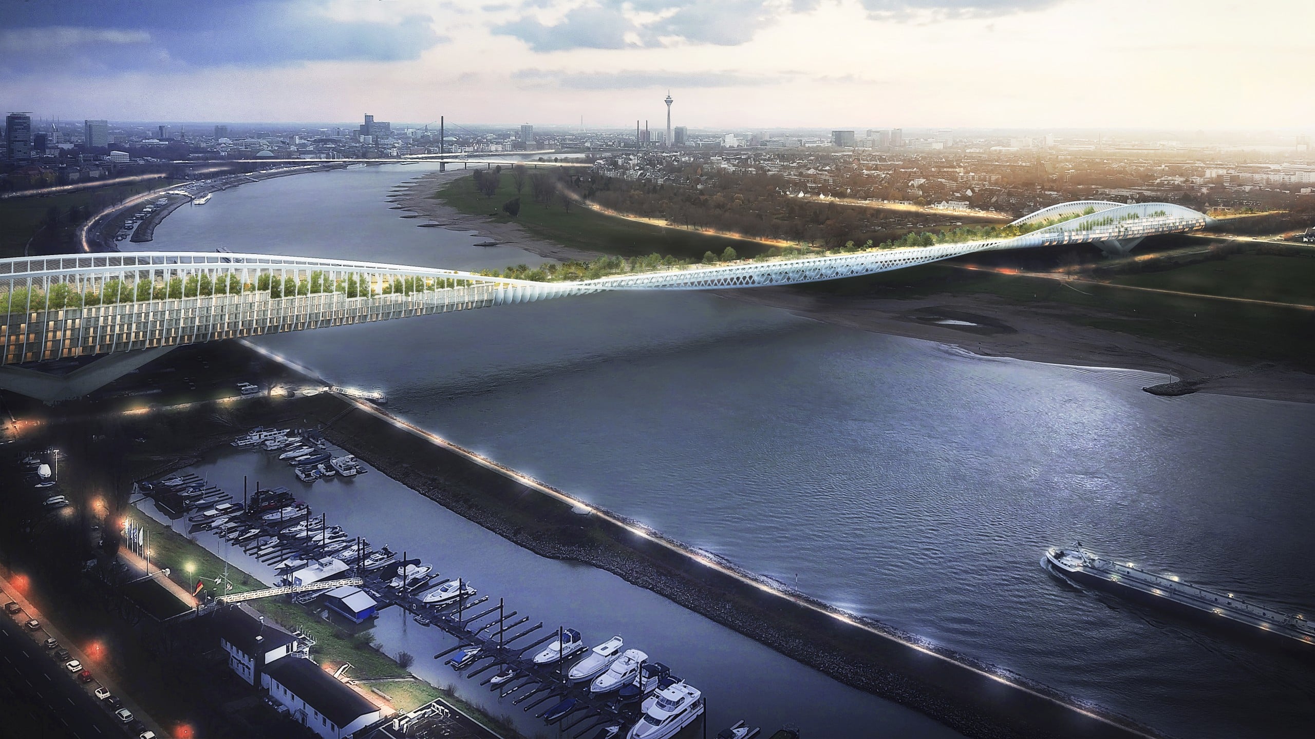 Der Initiativentwurf für eine Green Bridge über den Düsseldorfer Rhein ist vielversprechend. Coypright: Copyright Entwurf: RKW Architektur +, Visualisierung: Formtool, Anton Kolev